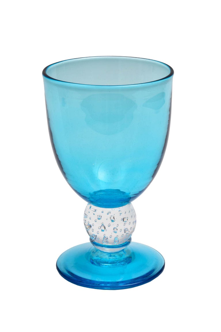 Handblown Turquoise Glass Goblet with Controlled Bubble Base, Large