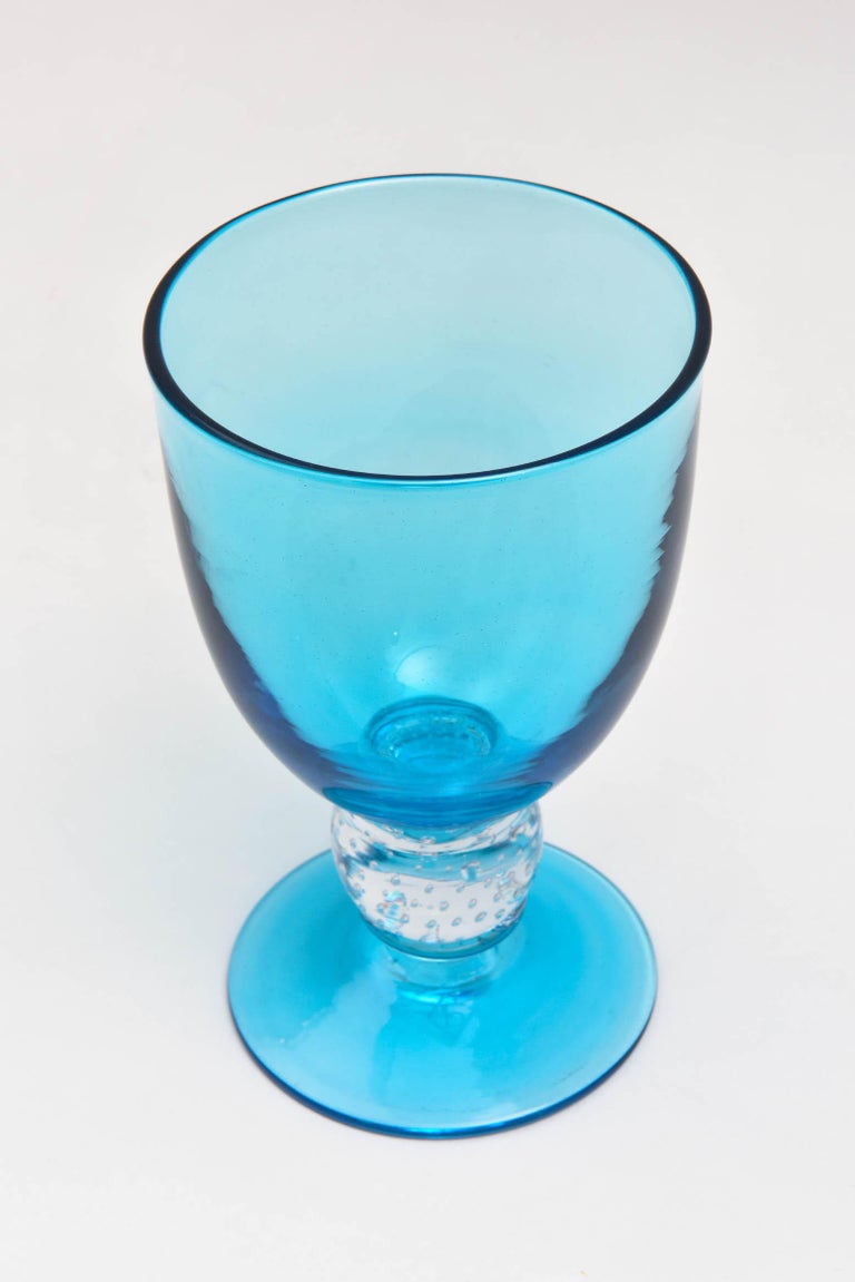 Handblown Turquoise Glass Goblet with Controlled Bubble Base, Large