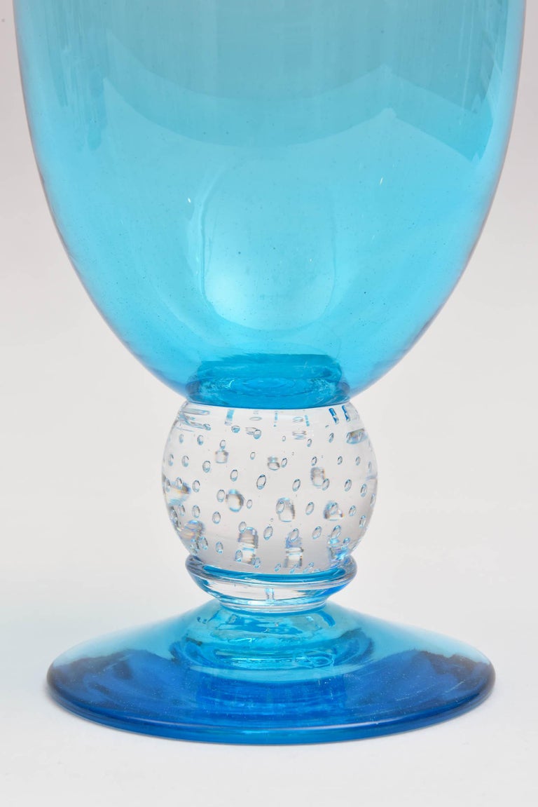 Handblown Turquoise Glass Goblet with Controlled Bubble Base, Large