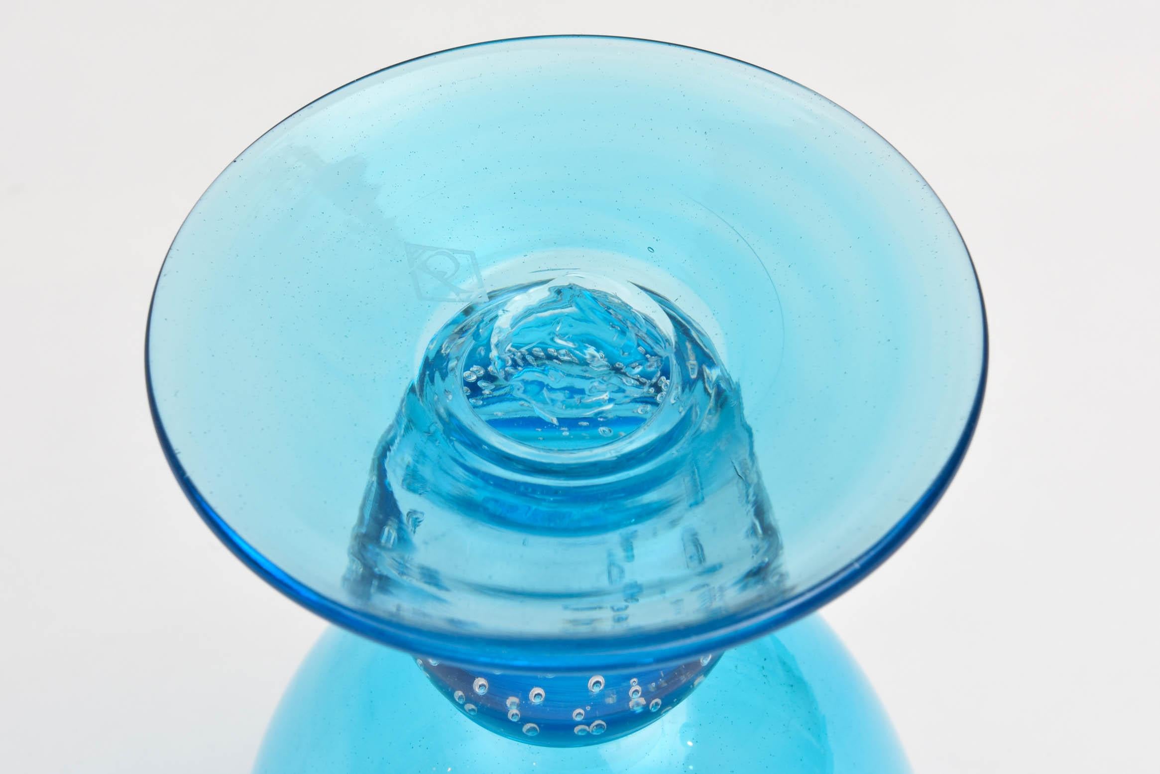 Handblown Turquoise Glass Goblet with Controlled Bubble Base, Large Quantities In Excellent Condition In West Palm Beach, FL