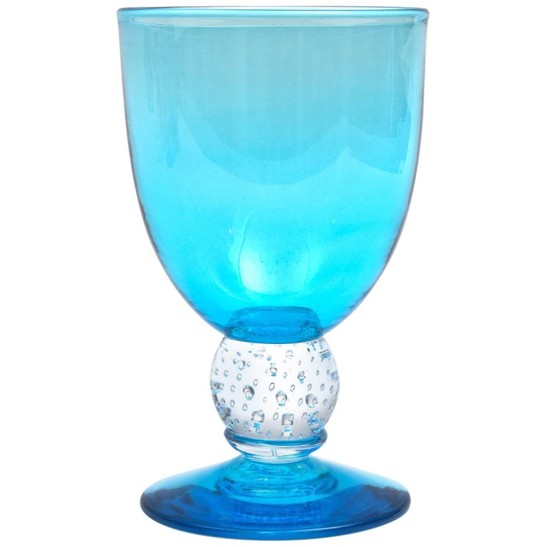 Handblown Turquoise Glass Goblet with Controlled Bubble Base, Large