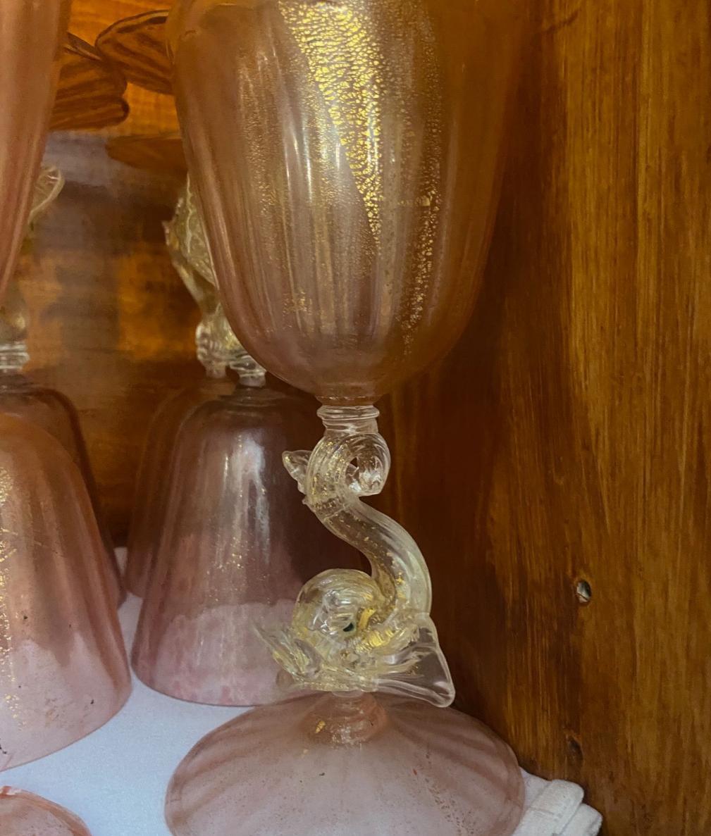 Italian Handblown Venetian/Murano Pink Rose Champagne Coupes with Figural Dolphins For Sale
