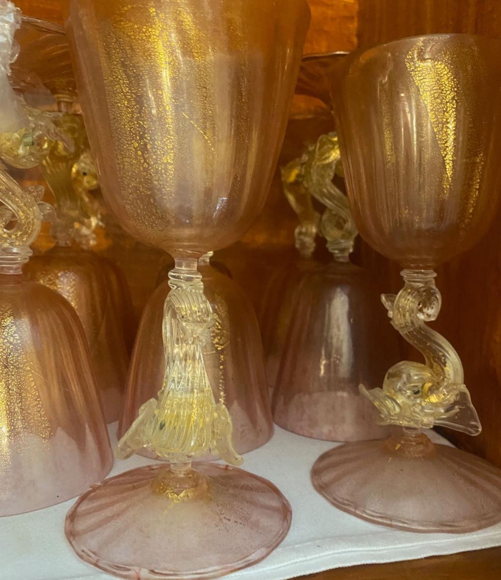 Handblown Venetian/Murano Pink Rose Champagne Coupes with Figural Dolphins In Excellent Condition For Sale In New York, NY
