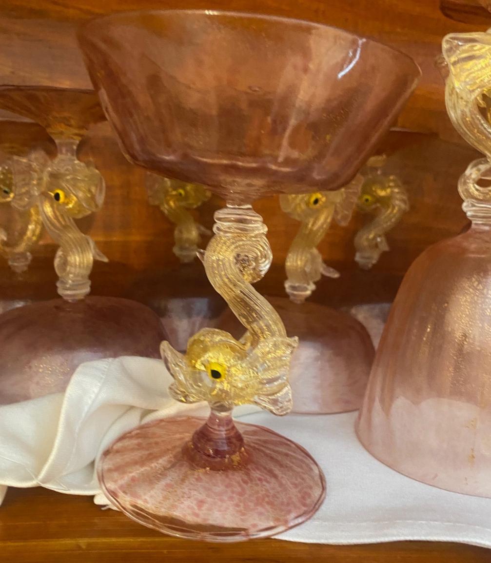 20th Century Handblown Venetian/Murano Pink Rose Champagne Coupes with Figural Dolphins For Sale