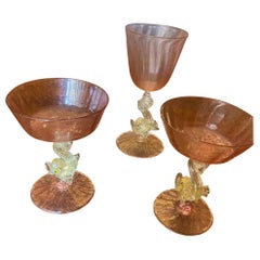 Handblown Venetian/Murano Pink Rose Champagne Coupes with Figural Dolphins