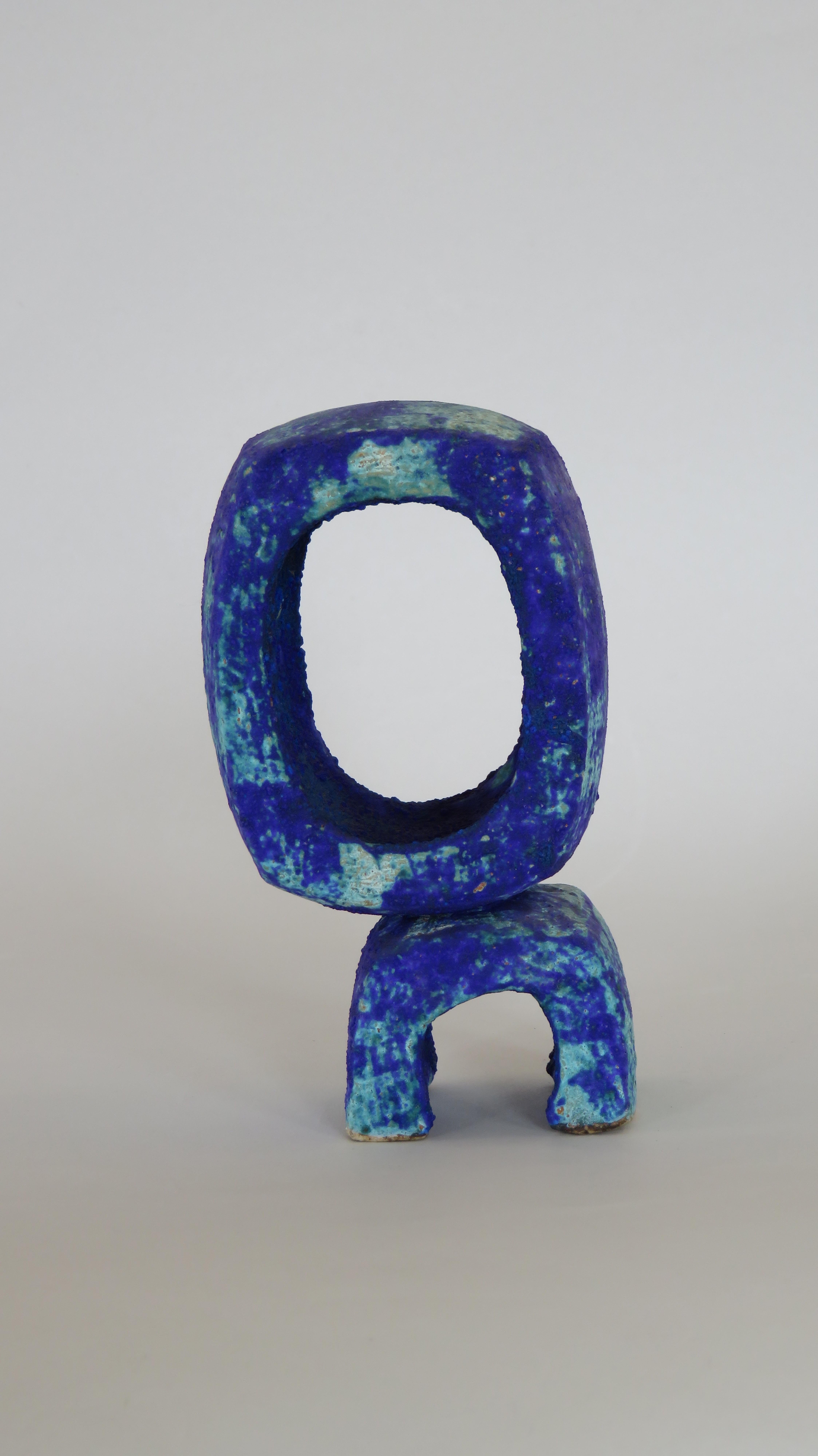 Glazed Handbuilt Standing Oval Ceramic Sculpture in Turquoise and Deep Blue #1