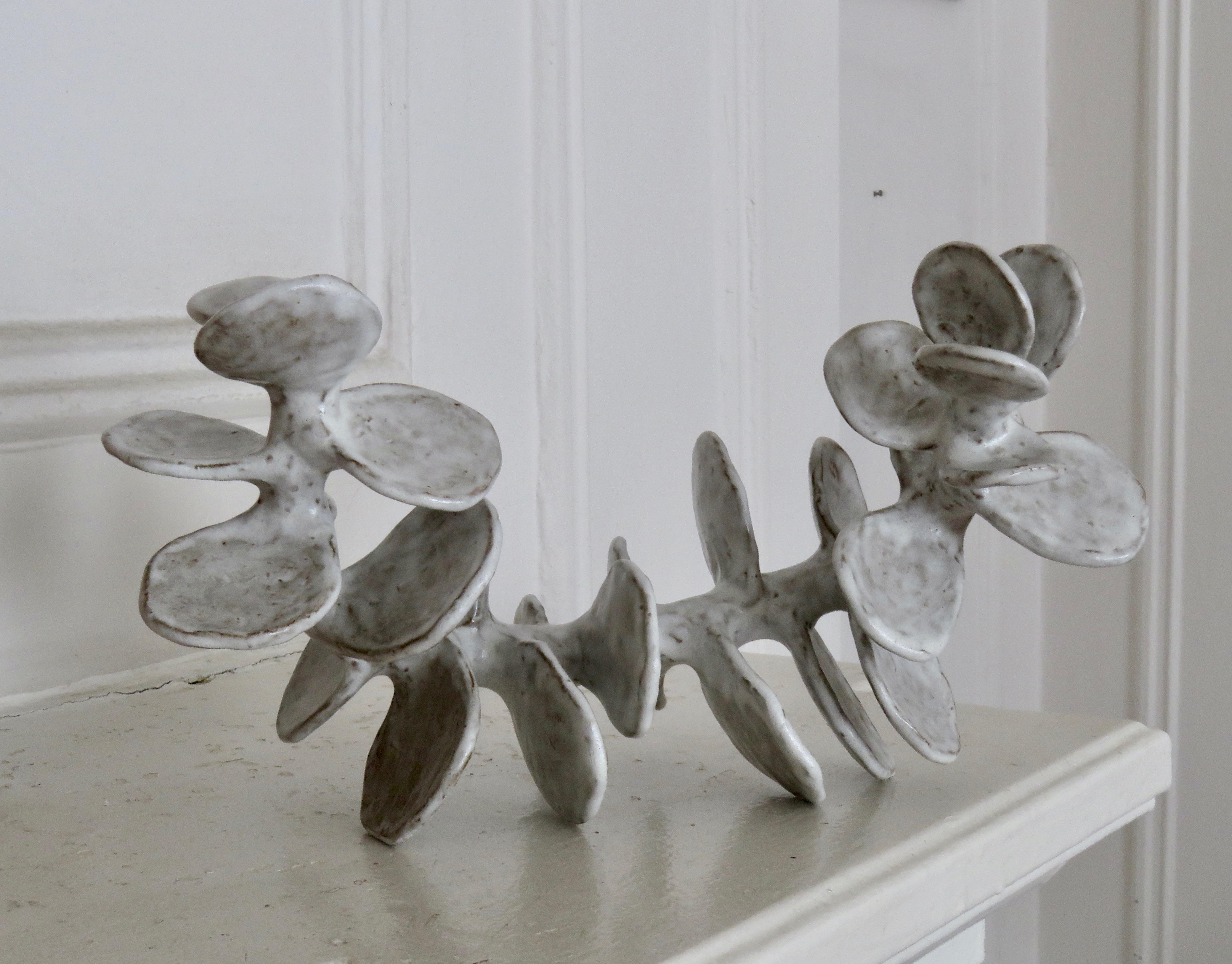 Handbuilt Ceramic Sculpture, Reclining Skeletal Spine in Mottled White 10