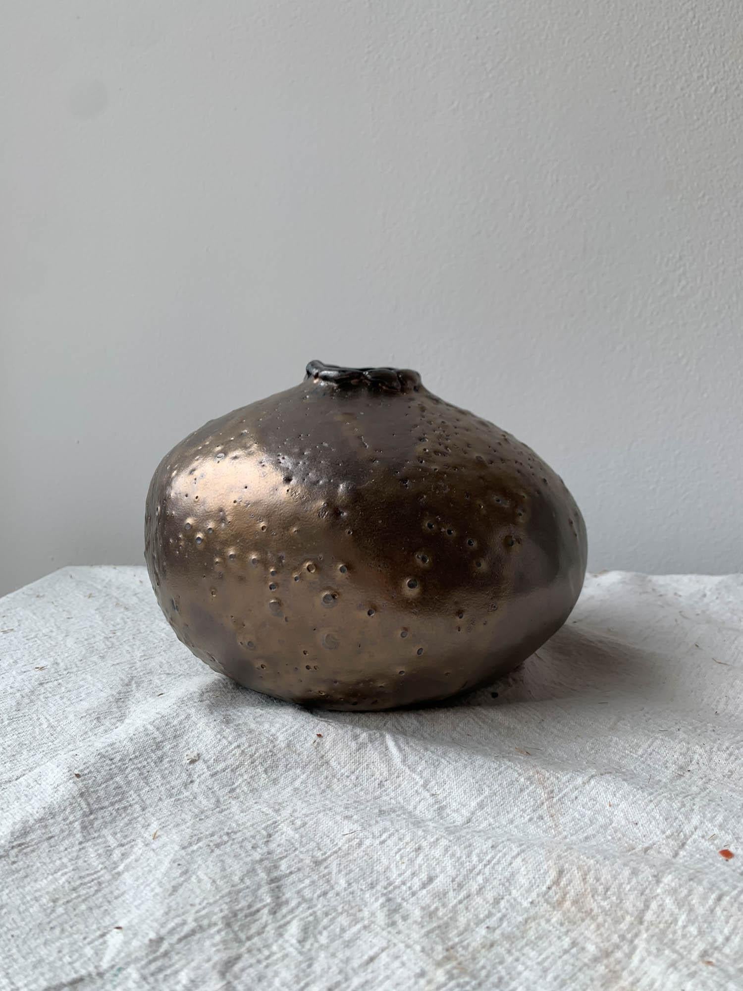 Minimalist Handbuilt Organic Modern Ceramic Moon Vase with Metallic Bronze Glaze For Sale