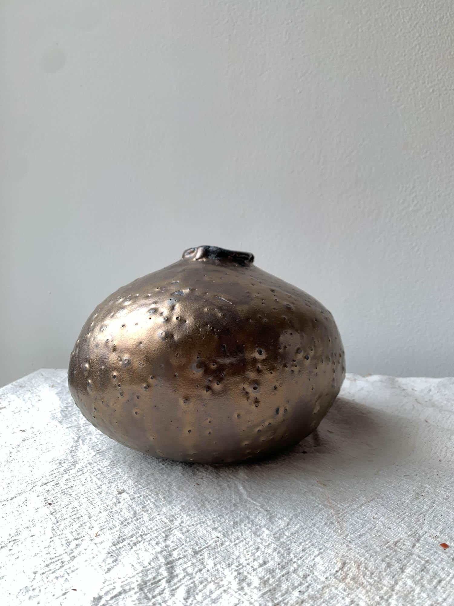 American Handbuilt Organic Modern Ceramic Moon Vase with Metallic Bronze Glaze For Sale