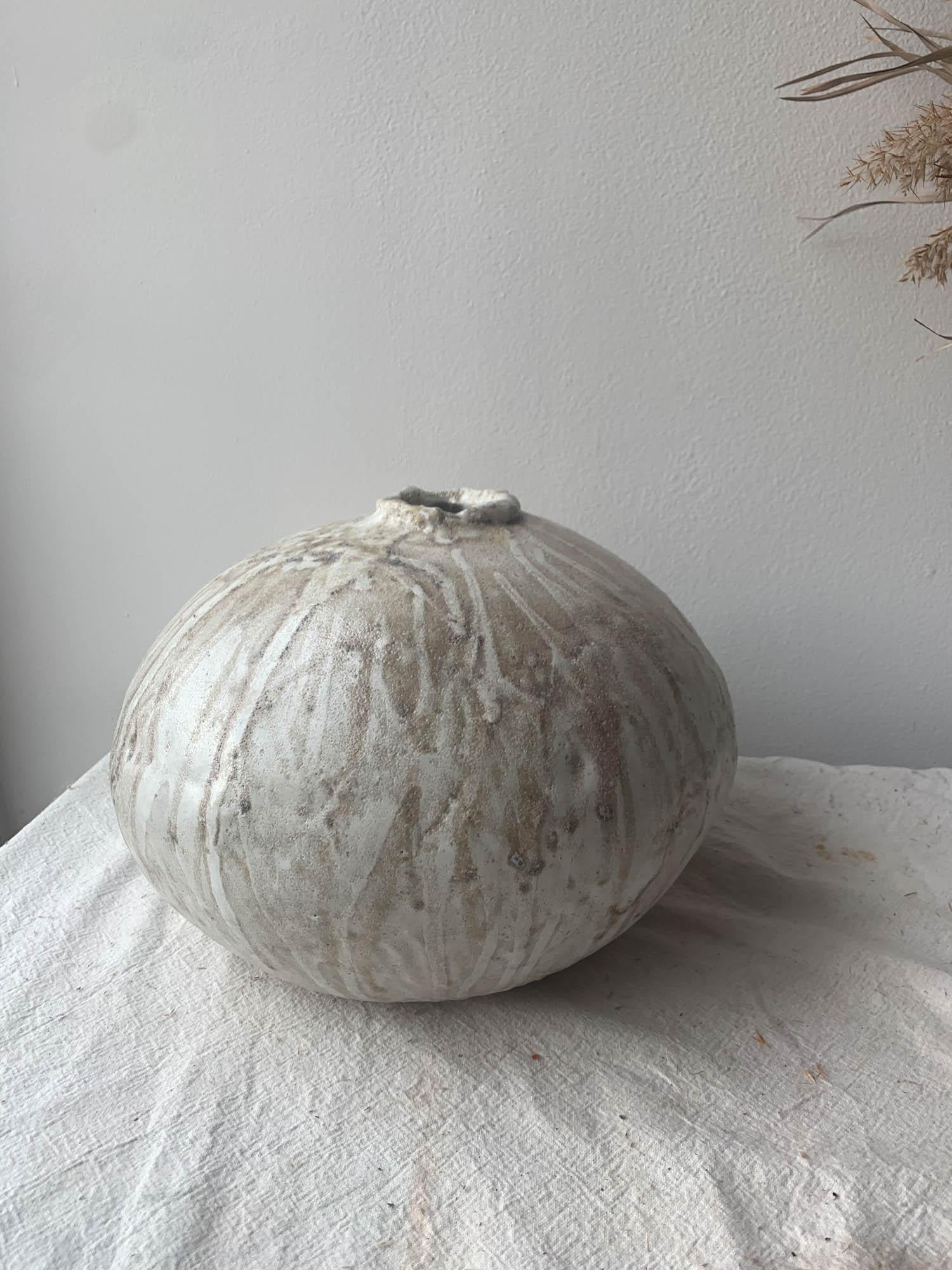 Minimalist Handbuilt Organic Modern Large Ceramic Moon Vase with Lava Glaze For Sale