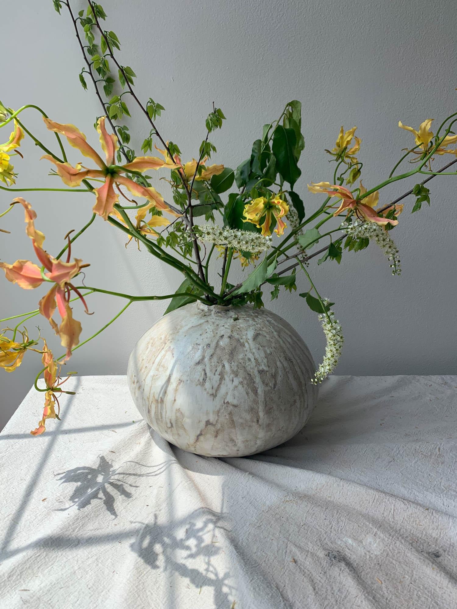 American Handbuilt Organic Modern Large Ceramic Moon Vase with Lava Glaze For Sale