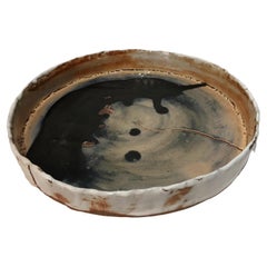 Handbuilt Round Stoneware Vessel in White Shico W Black Glaze by Hannelore Freer
