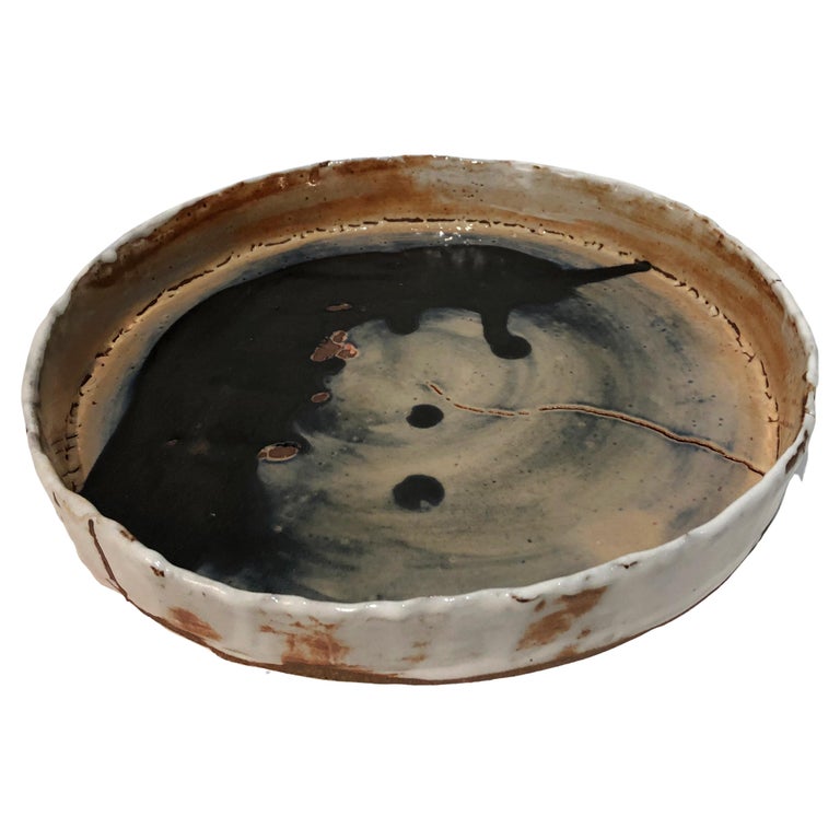 Handbuilt Round Stoneware Vessel in White Shico W Black Glaze by Hannelore Freer For Sale