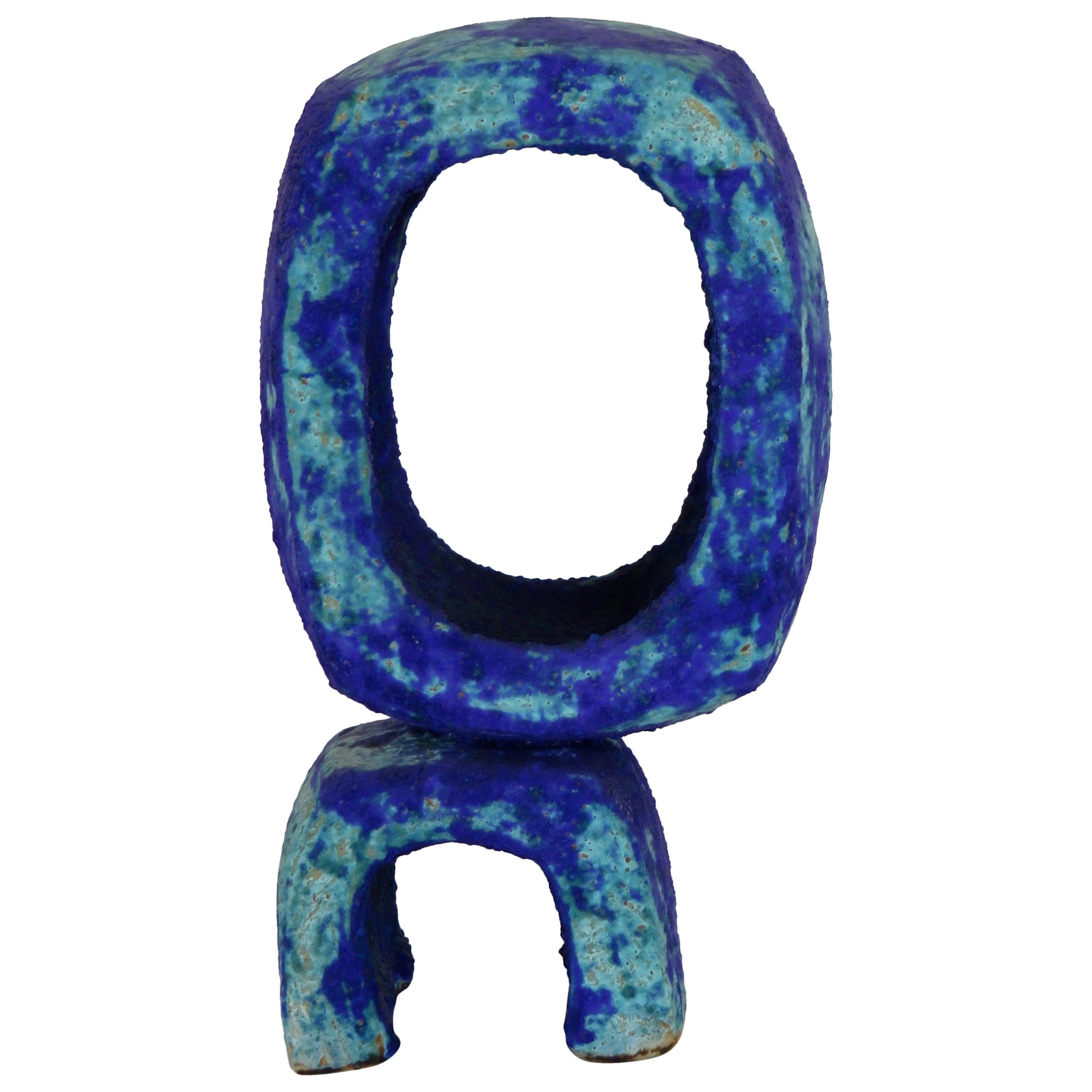 Handbuilt Standing Oval Ceramic Sculpture in Turquoise and Deep Blue #1