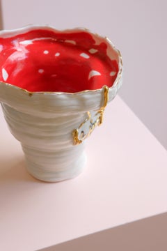 Handbuilt White, Red and Gold Porcelain Vase with Calligraphy  by Hania Jneid