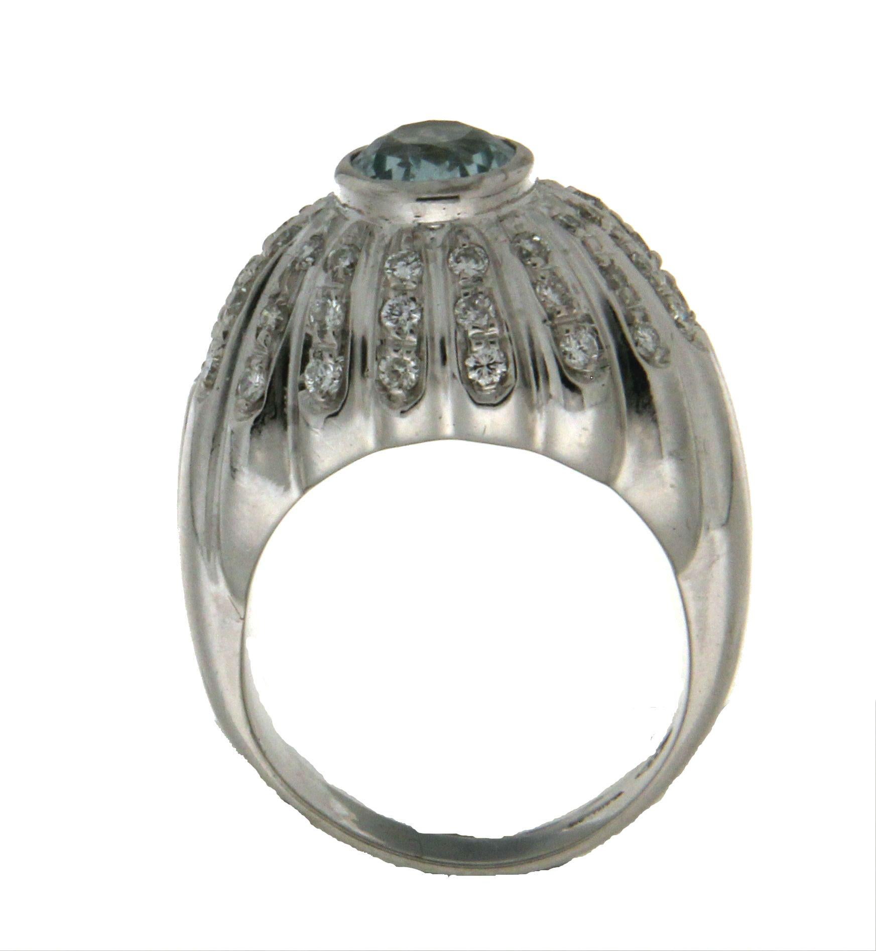 Artisan Handcraft Aquamarine 18 Karat White Gold Diamonds Cocktail Ring For Sale