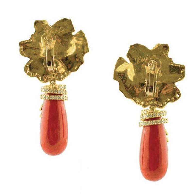 Retro Handcrafted Vintage Dangle Earrings Coral, Diamonds, 18 Karat Yellow Gold For Sale