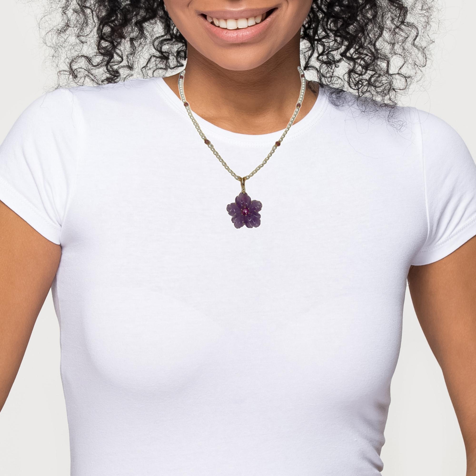 Handcarved Amethyst Flower, Rhodolite, Pearl and Tourmaline Bead Necklace  For Sale 3