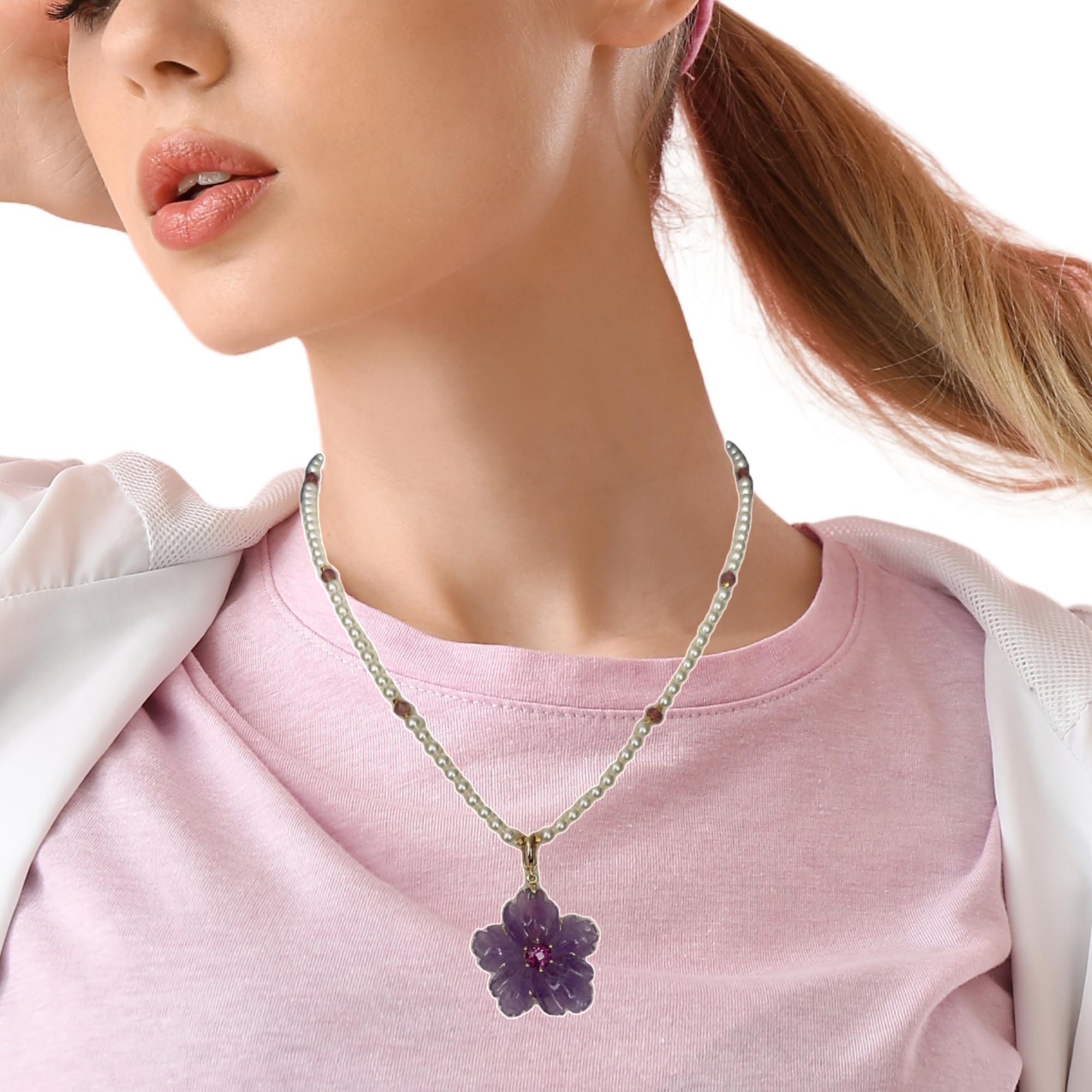 Handcarved Amethyst Flower, Rhodolite, Pearl and Tourmaline Bead Necklace  For Sale 4