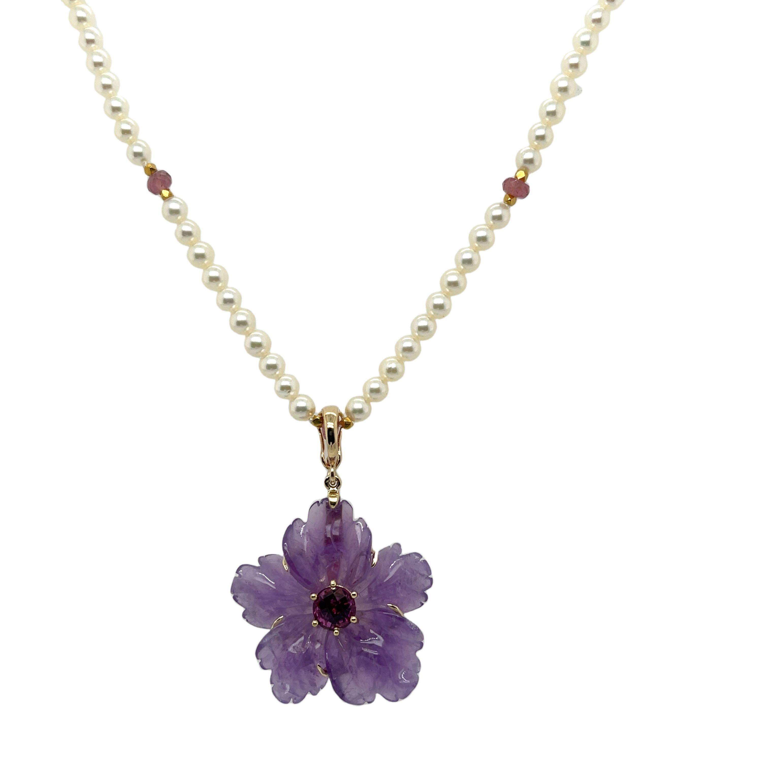 Women's Handcarved Amethyst Flower, Rhodolite, Pearl and Tourmaline Bead Necklace  For Sale