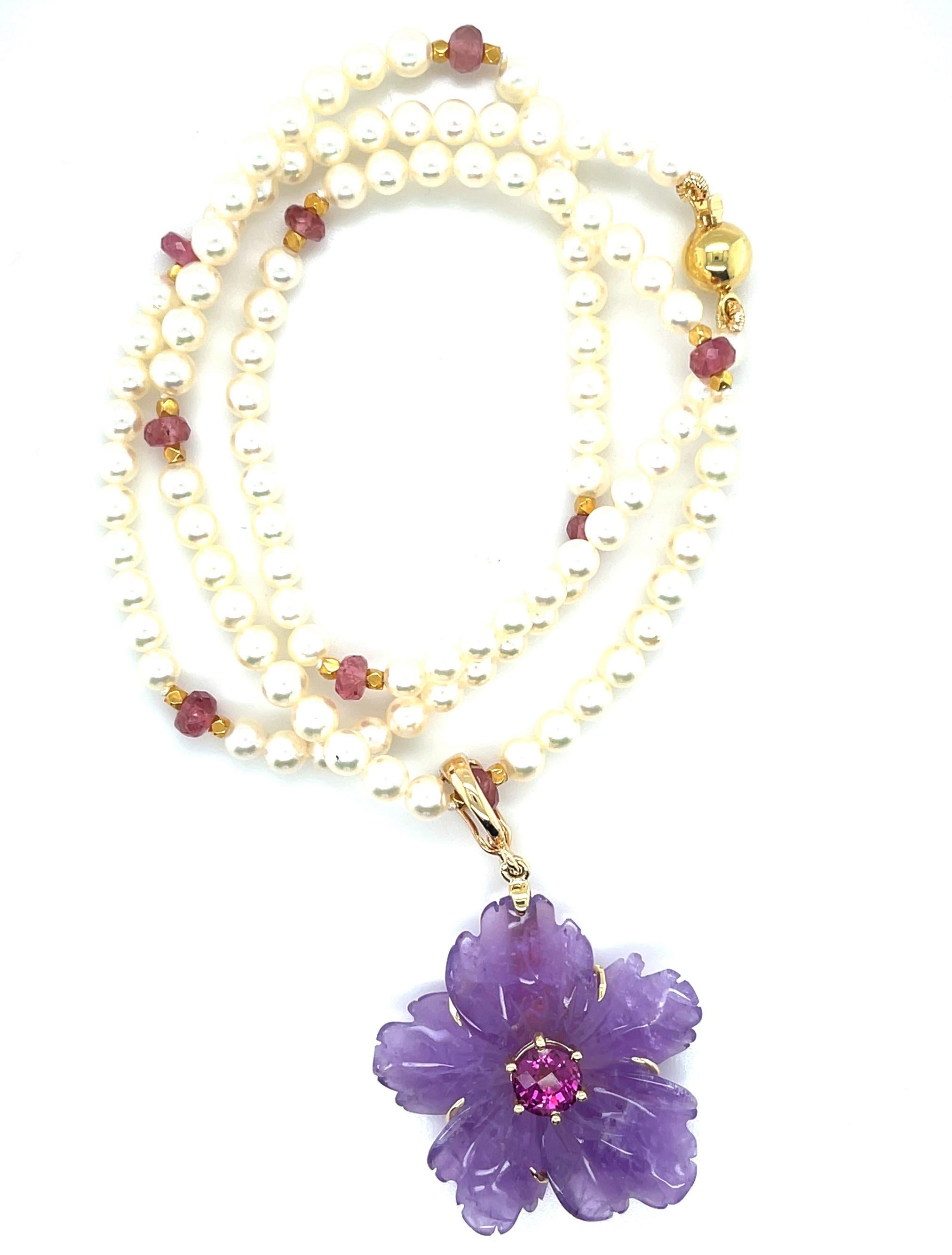 Handcarved Amethyst Flower, Rhodolite, Pearl and Tourmaline Bead Necklace  In New Condition For Sale In Los Angeles, CA
