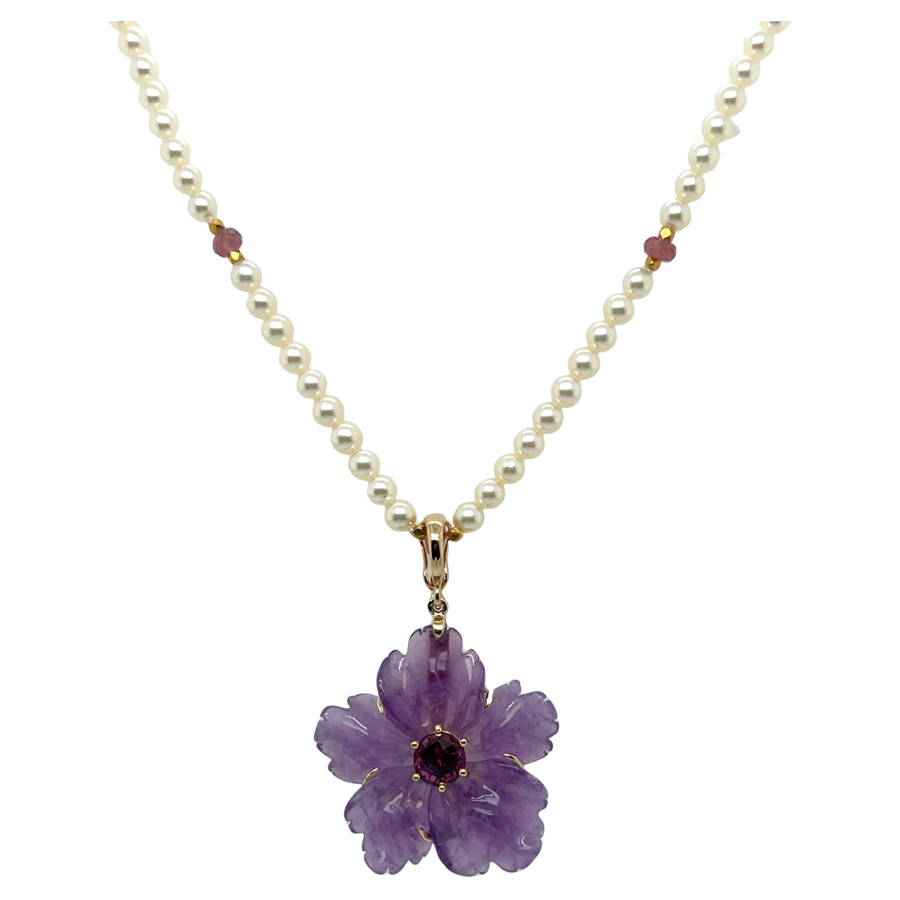 Handcarved Amethyst Flower, Rhodolite, Pearl and Tourmaline Bead Necklace  For Sale