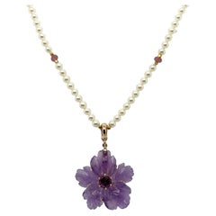 Handgeschnitzte Amethyst-Blume, Rhodolith-, Perlen- und Turmalin-Perlenkette 