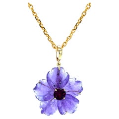 Handcarved Amethyst & Rhodolite Garnet Flower Necklace 18K Gold