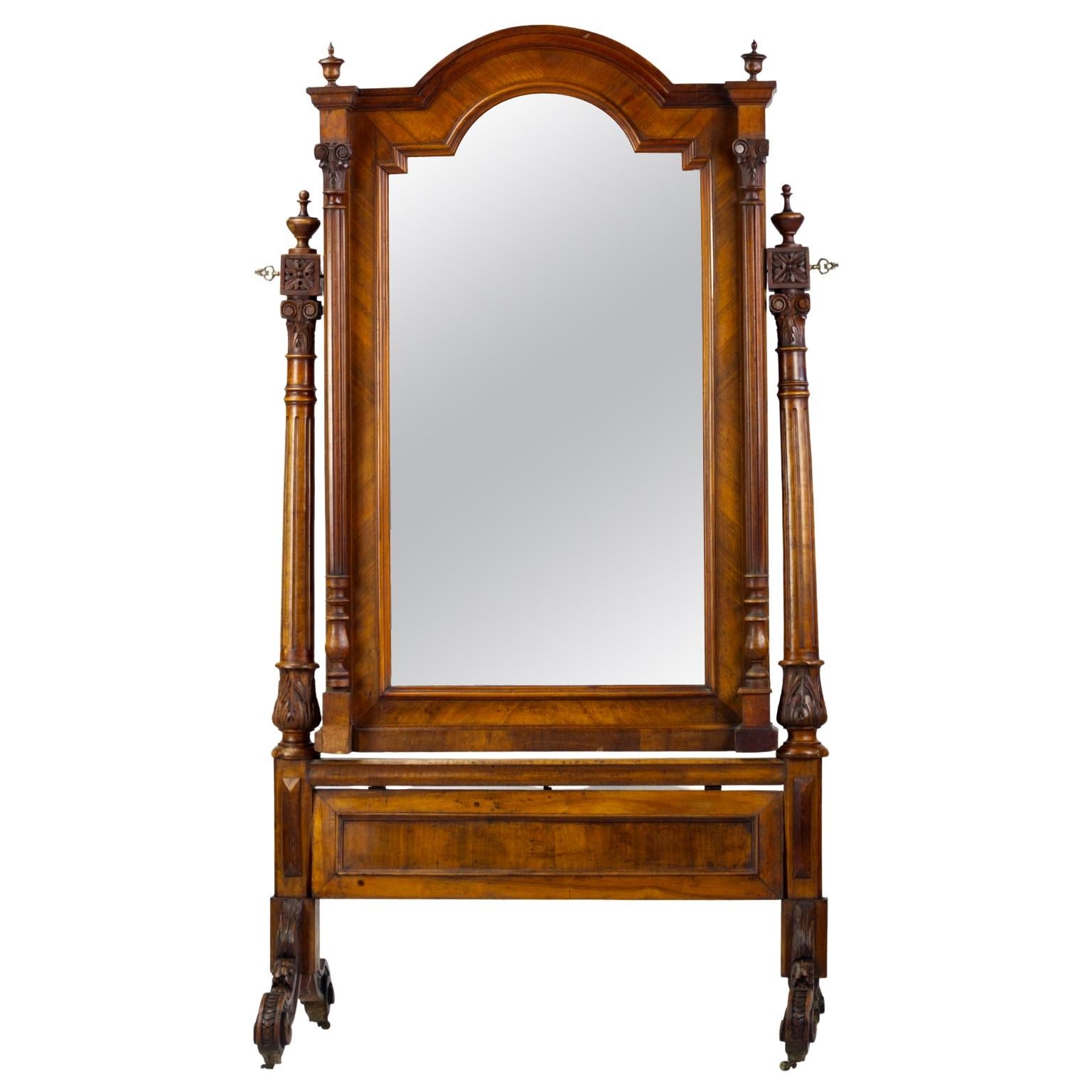 Hand Carved Antique Floor Mirror / Cheval Mirrror, Late 19th Century