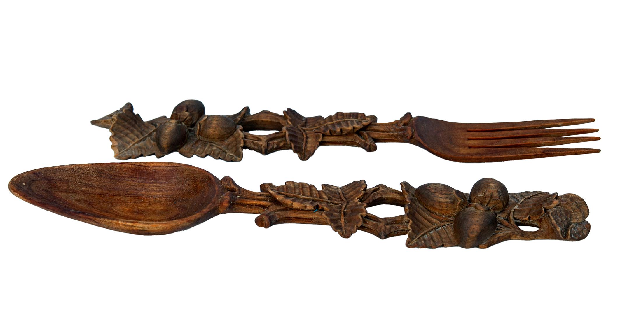 Hardwood Handcarved Black Forest Style Salad Servers For Sale