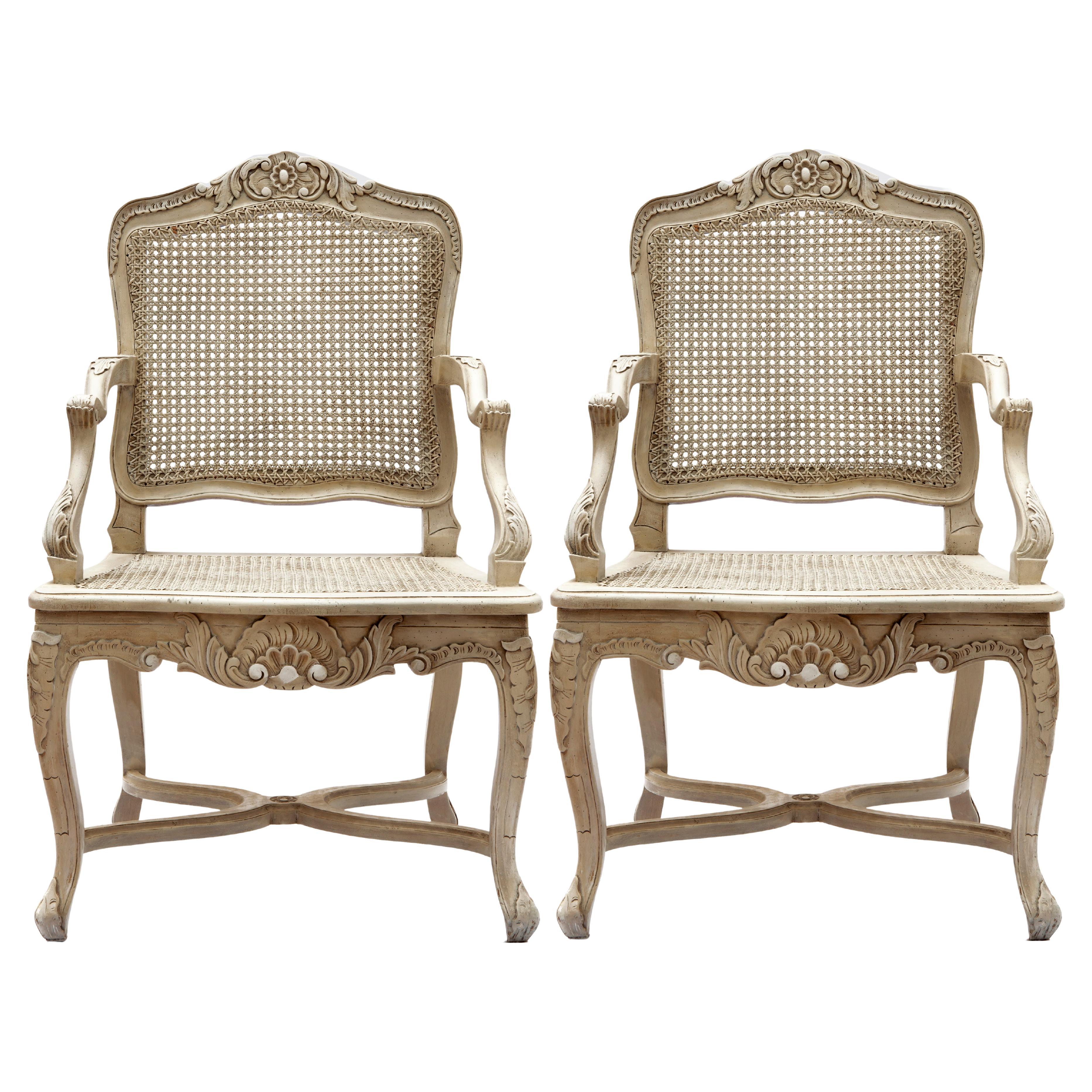 Handcarved & Caned Italian Blonde Armchairs; a pair For Sale