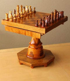 Handcarved & Crafted Mid Century Wood Chess Table!  Teak Maple Walnut Set 1950s