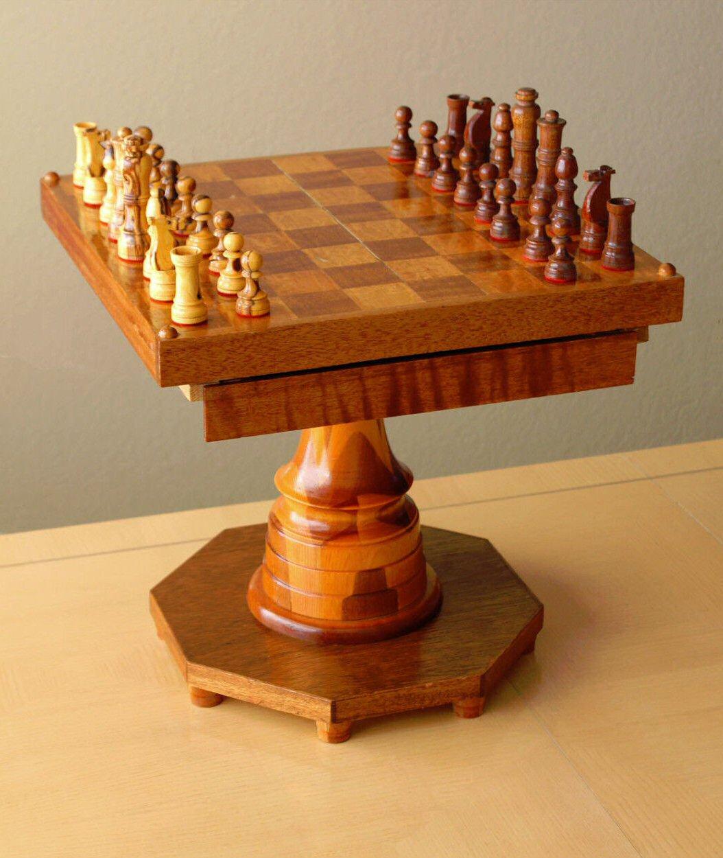 Arts and Crafts  Handcarved & Crafted Mid Century Wood Chess Table!  Teak Maple Walnut Set 1950s For Sale