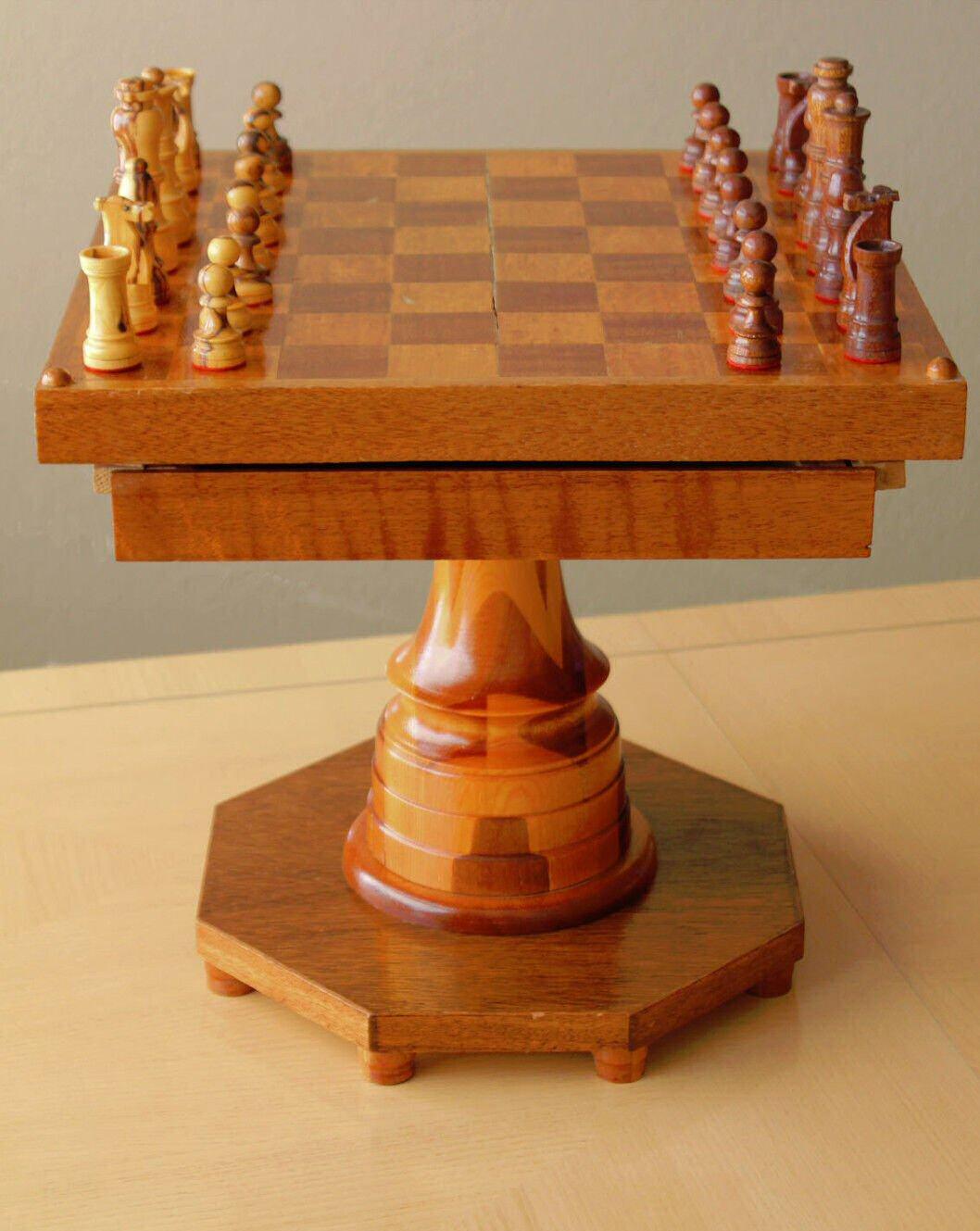  Handcarved & Crafted Mid Century Wood Chess Table!  Teak Maple Walnut Set 1950s For Sale 2