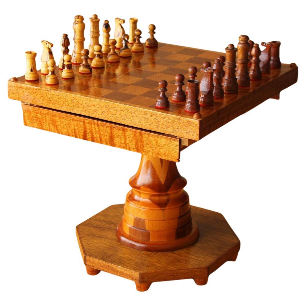  Handgeschnitzter & Crafted Mid Century Wood Chess Tisch!  Teak-Ahorn-Nussbaum-Set 1950er Jahre