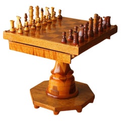  Handgeschnitzter & Crafted Mid Century Wood Chess Tisch!  Teak-Ahorn-Nussbaum-Set 1950er Jahre