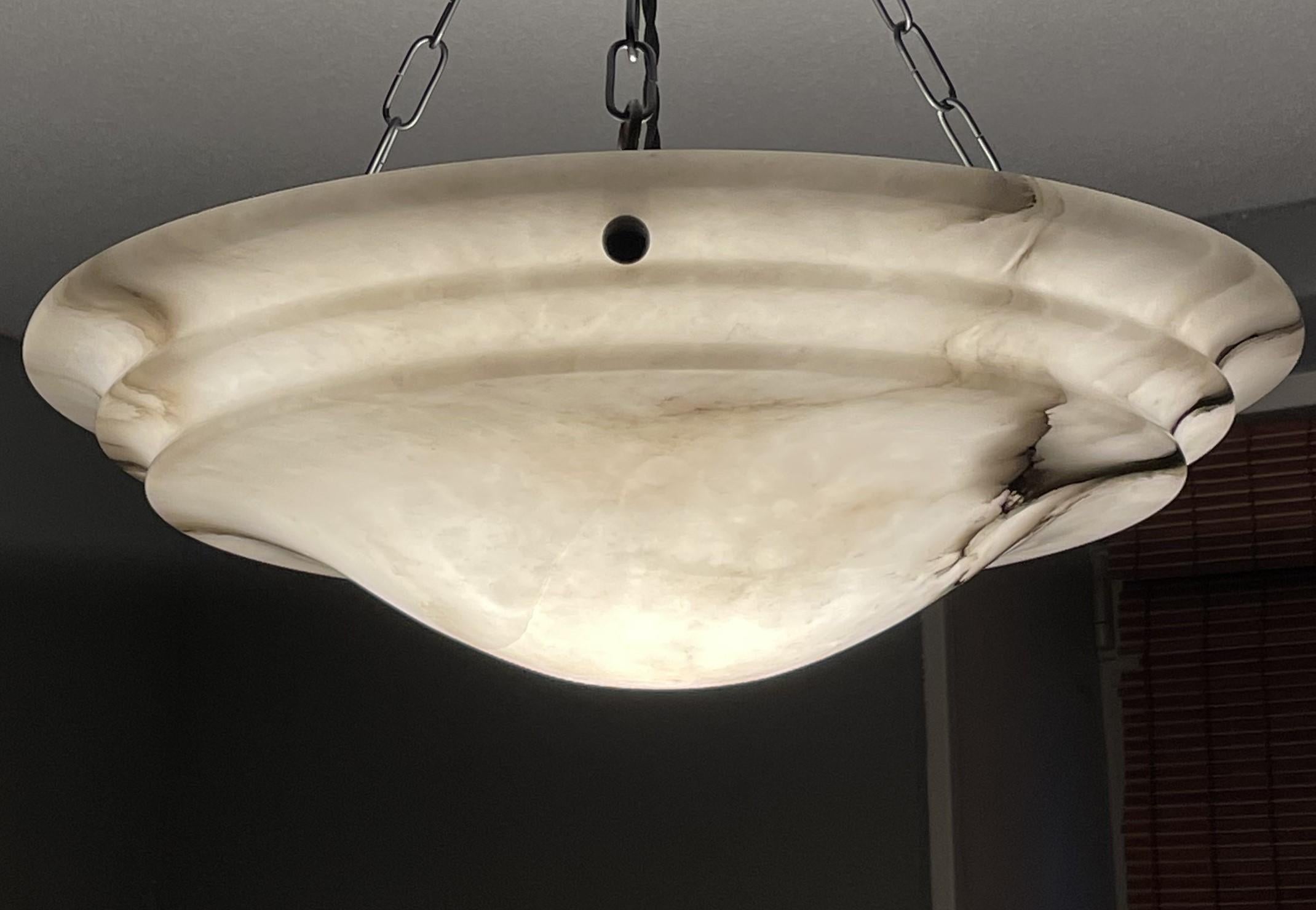 20th Century Handcarved in Layers Art Deco White Alabaster & Black Veins Pendant / Chandelier For Sale