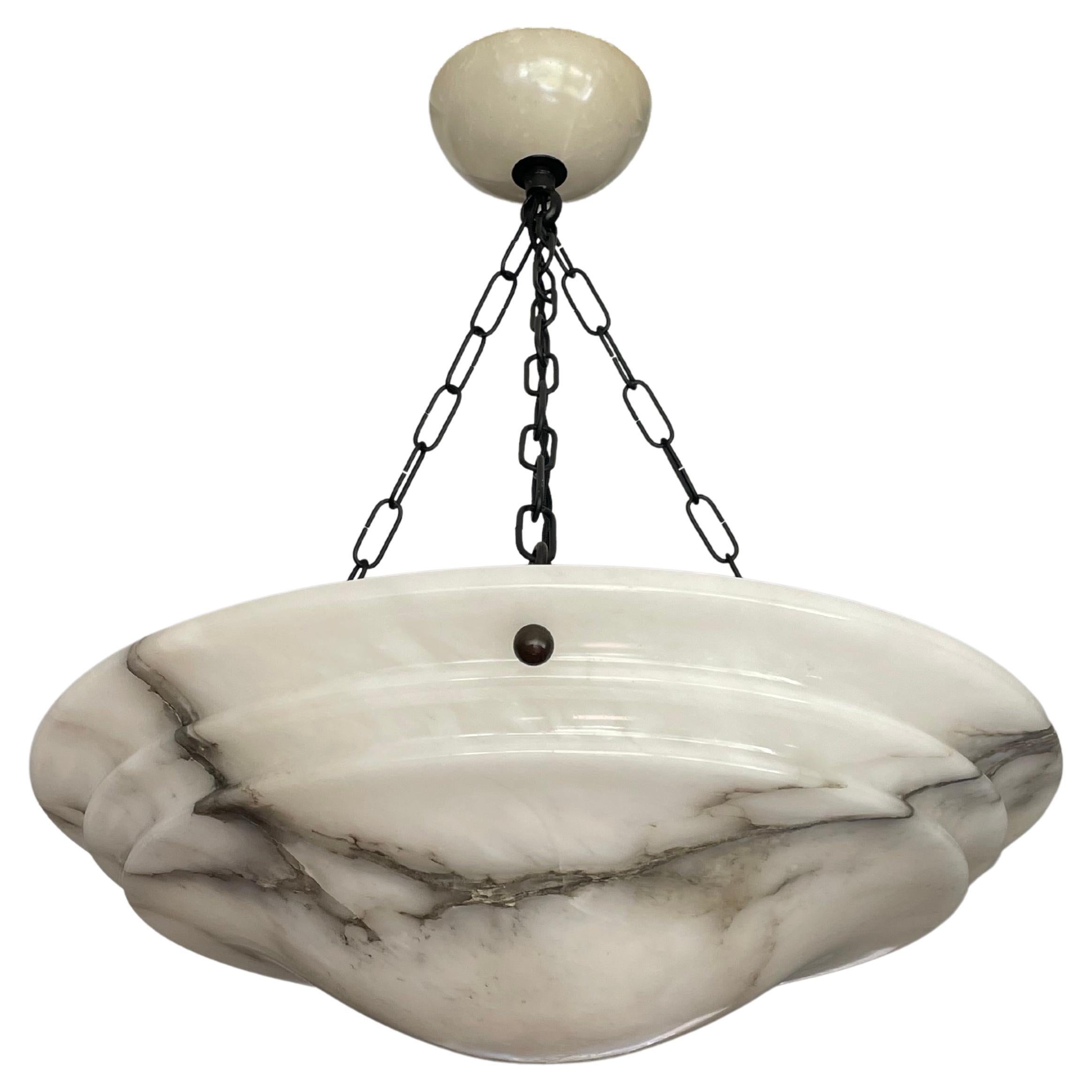 Handcarved in Layers Art Deco White Alabaster & Black Veins Pendant / Chandelier For Sale