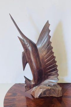 Handcarved Palisander Tropical Wood Marlin Fish Sculpture