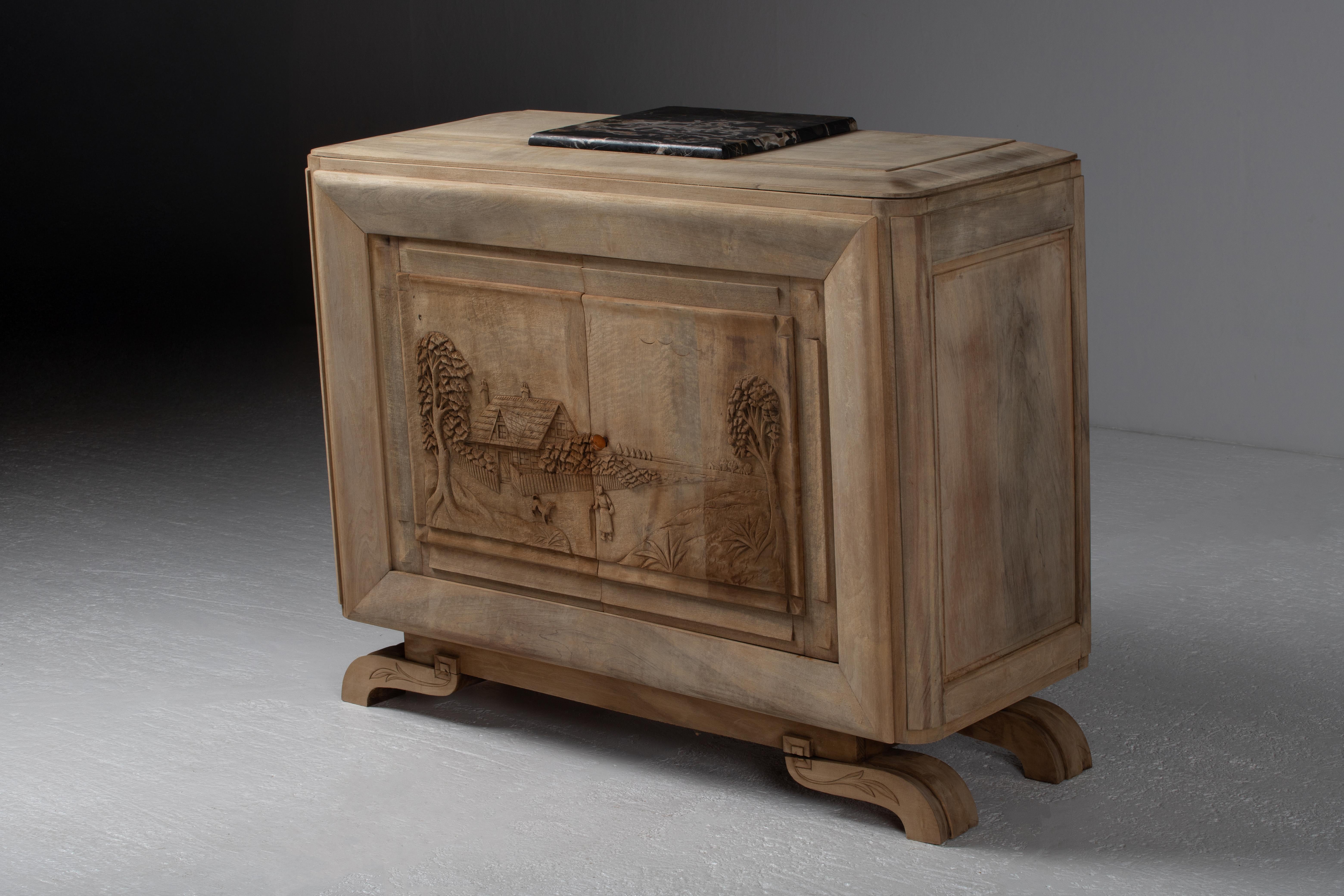 Art Deco Handcarved Solid Oak Buffet, Marble Top, France, 1940s For Sale