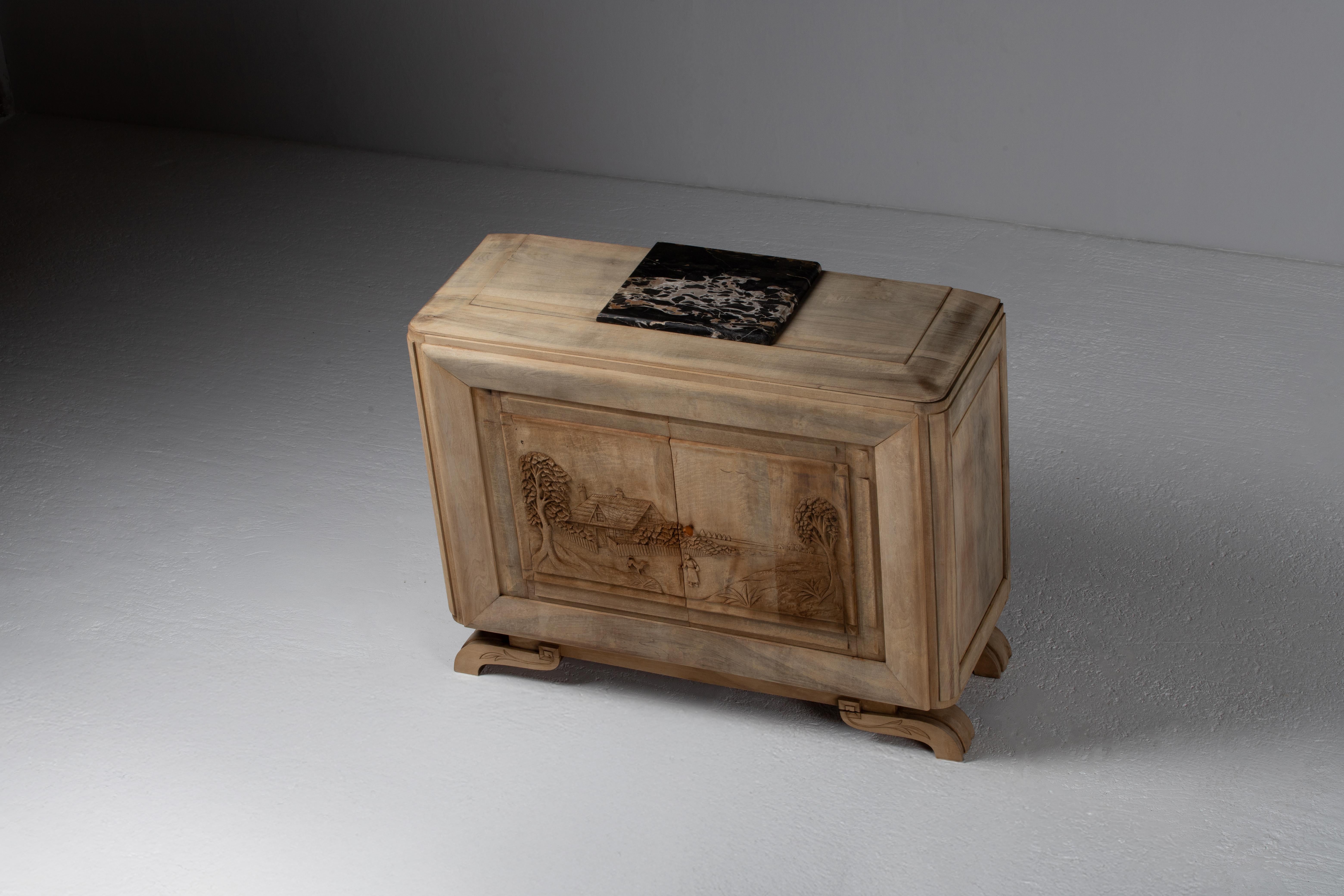 20th Century Handcarved Solid Oak Buffet, Marble Top, France, 1940s For Sale