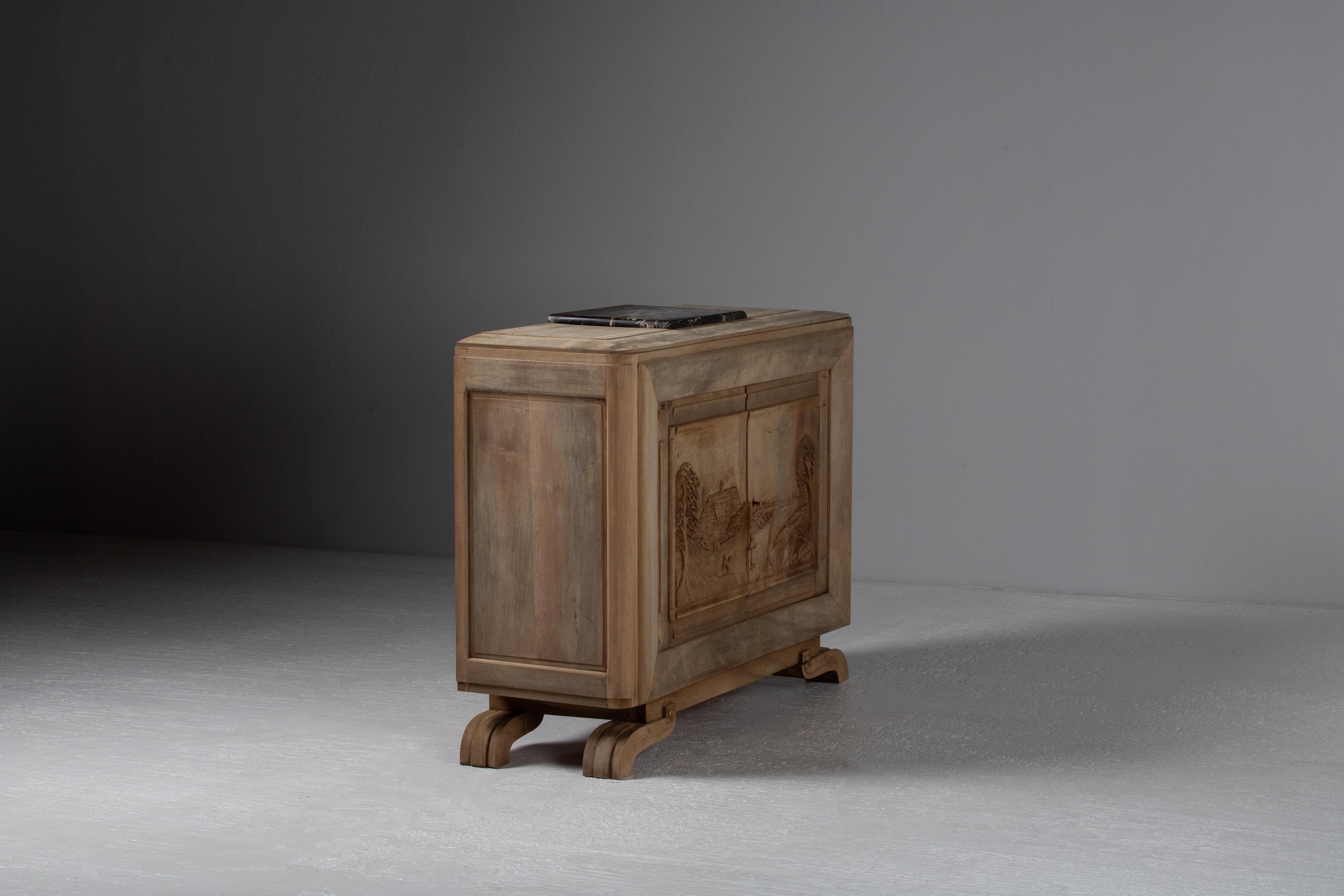 Handcarved Solid Oak Buffet, Marble Top, France, 1940s For Sale 2