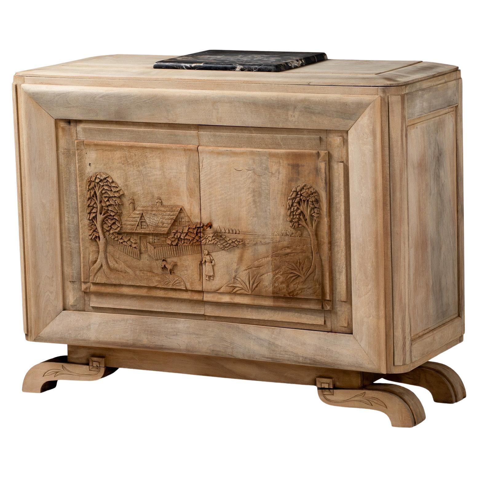 Handcarved Solid Oak Buffet, Marble Top, France, 1940s