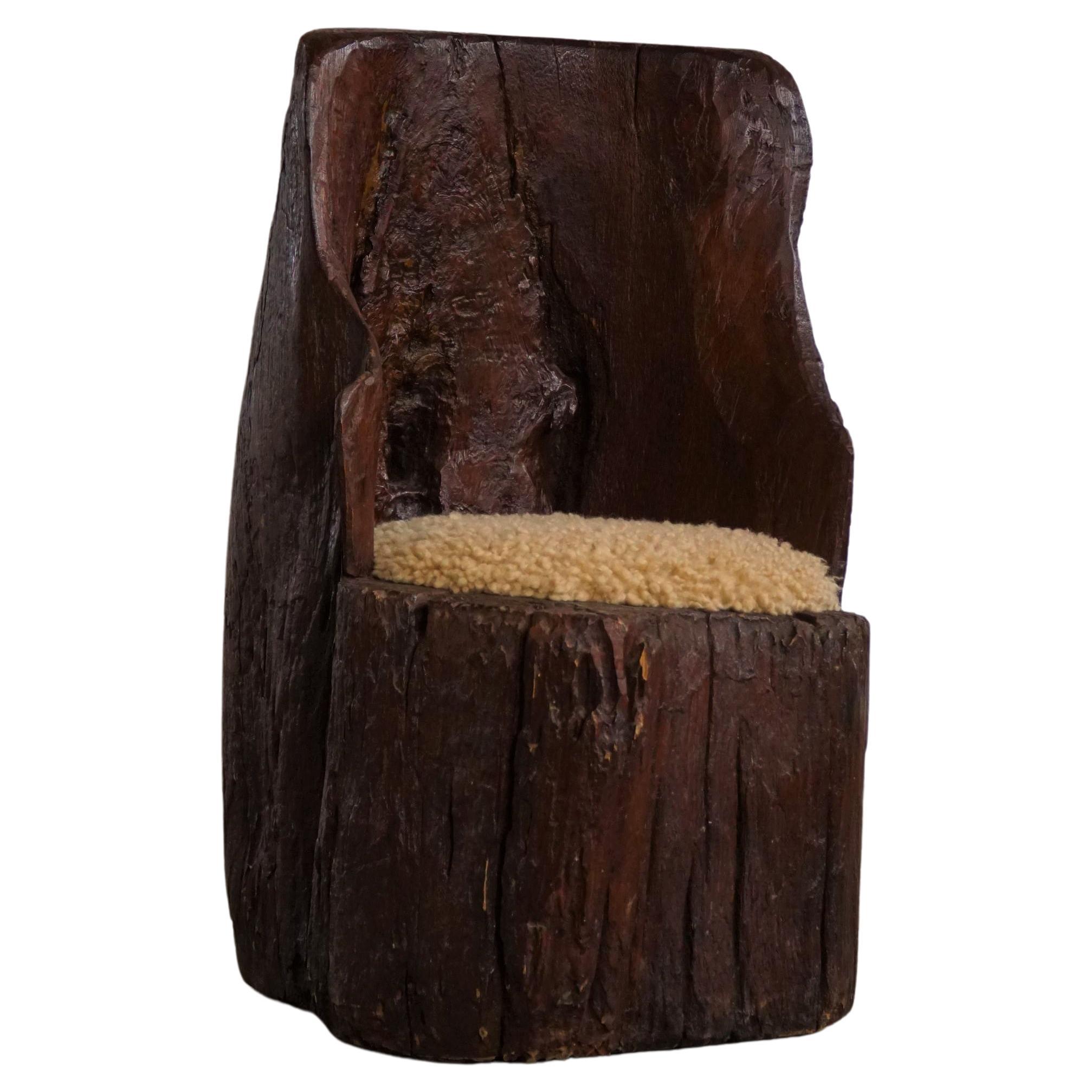 Handcarved Swedish Primitive Wabi Sabi Stump Chair, Lambswool Seat, 1900s