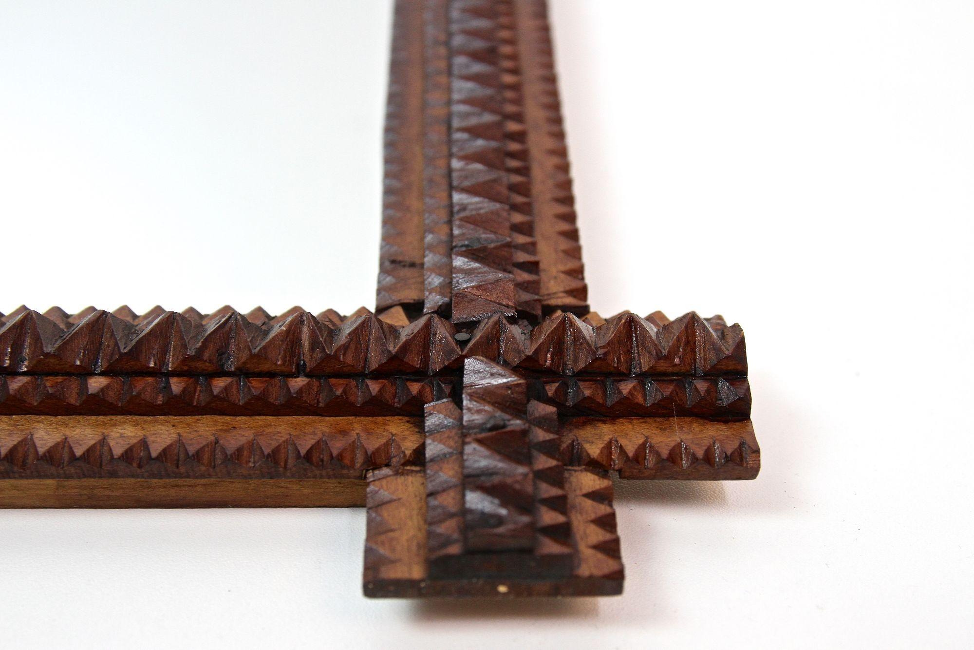 Handcarved Tramp Art Rustic Wall Mirror - Notch Cut Design, Austria circa 1880 8