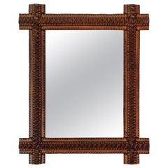 Antique Handcarved Tramp Art Rustic Wall Mirror - Notch Cut Design, Austria circa 1880