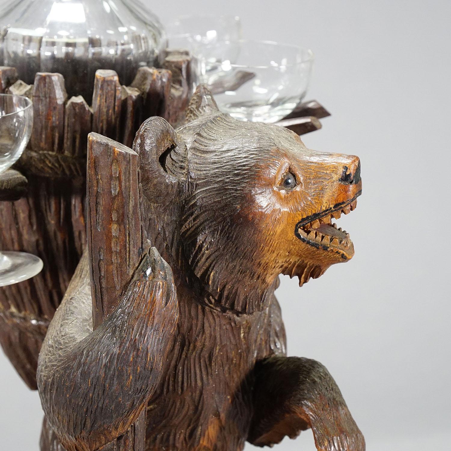 Black Forest Hand Carved Wood Bear Liqueur Stand Swiss, 1920