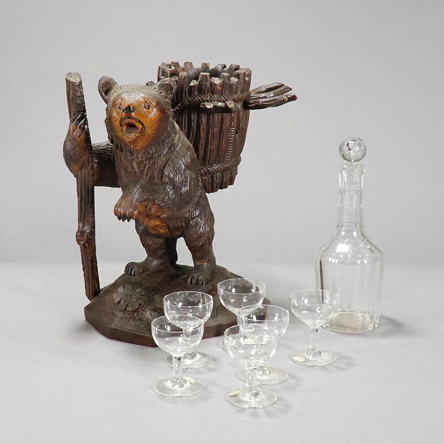 Glass Hand Carved Wood Bear Liqueur Stand Swiss, 1920