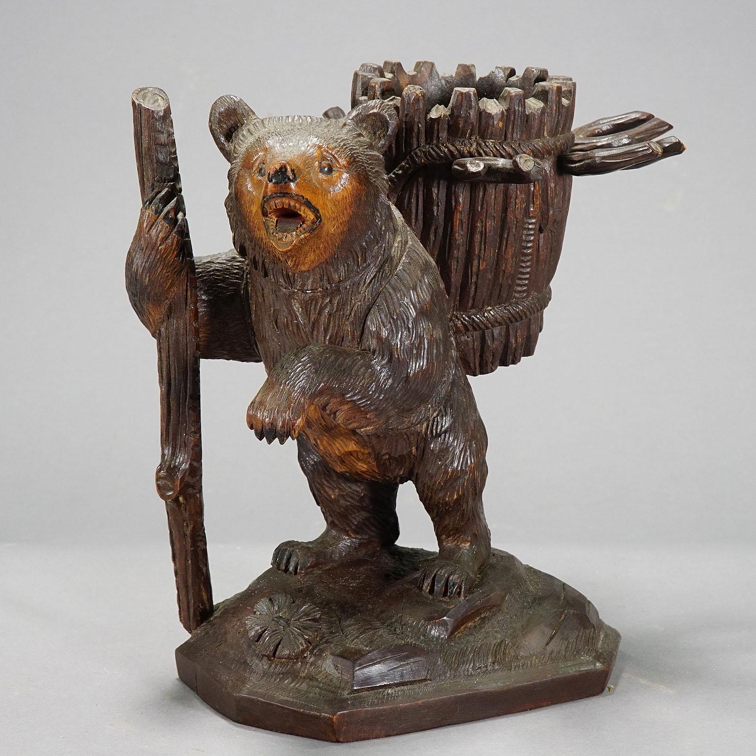 Hand Carved Wood Bear Liqueur Stand Swiss, 1920 1