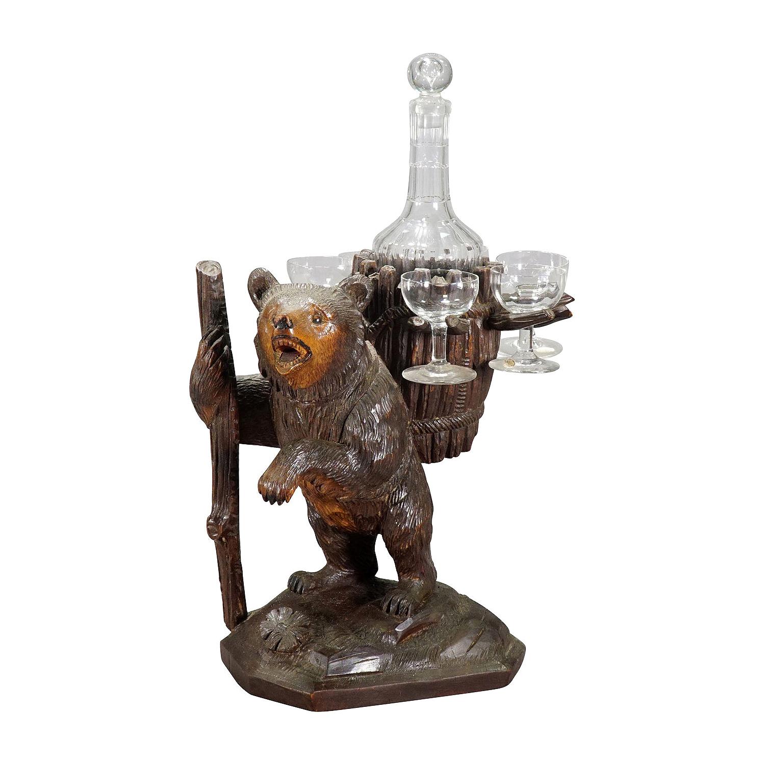 Hand Carved Wood Bear Liqueur Stand Swiss, 1920